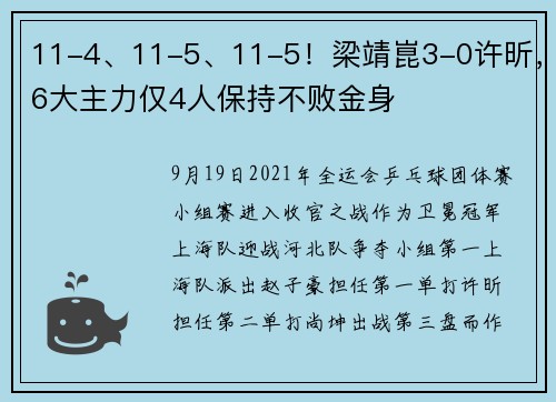 11-4、11-5、11-5！梁靖崑3-0许昕，6大主力仅4人保持不败金身